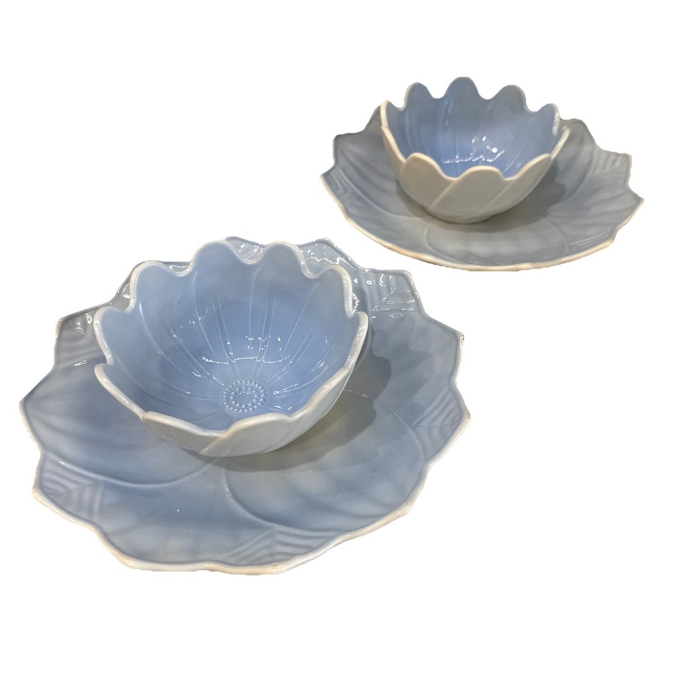 Anchor Hocking Fire-King Lotus Blossom And Leaf Blue Milk Glass Snack Set Of 2